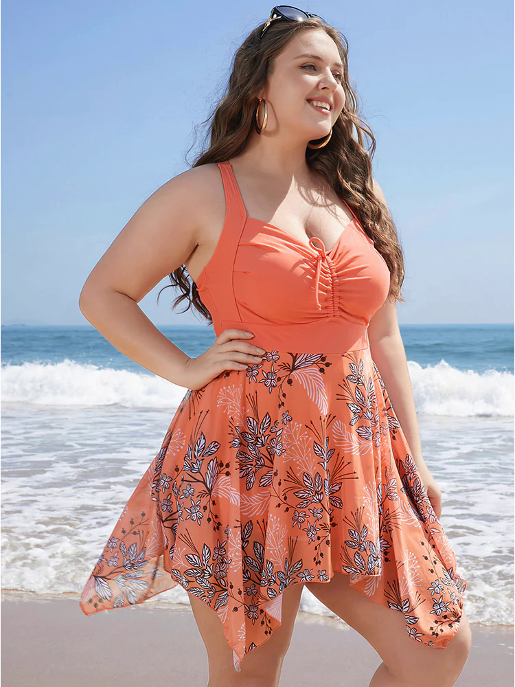 Floral Drawstring Crisscross Back Hanky Hem Swim Dress Floral Drawstring Crisscross Back Hanky Hem Swim Dress