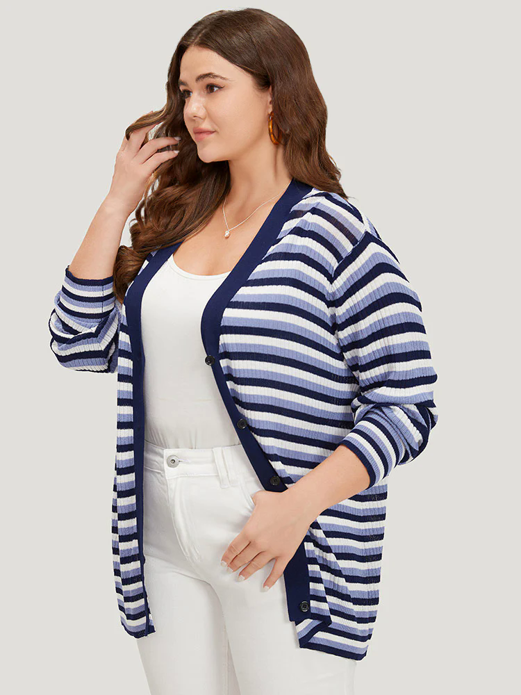 Contrast Striped Rib Knit Button Through Cardigan Contrast Striped Rib Knit Button Through Cardigan