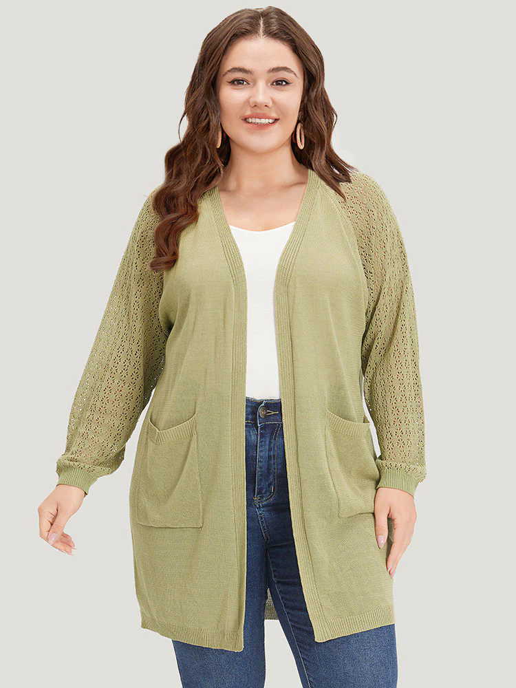 Solid Patched Pocket Geometric Eyelet Raglan Sleeve Cardigan Solid Patched Pocket Geometric Eyelet Raglan Sleeve Cardigan