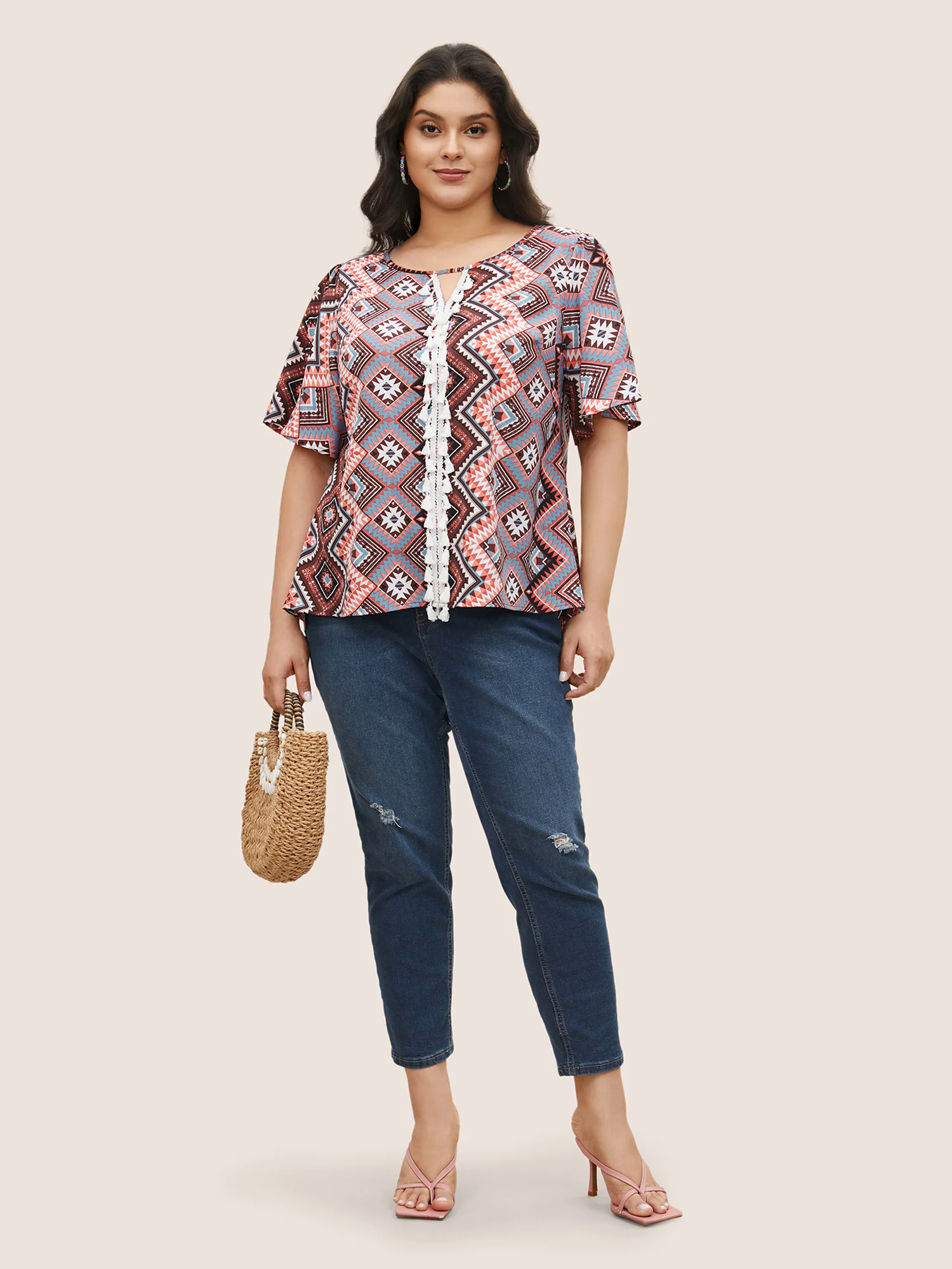 Bandana Keyhole Tassels Lace trim Blouse Bandana Keyhole Tassels Lace trim Blouse