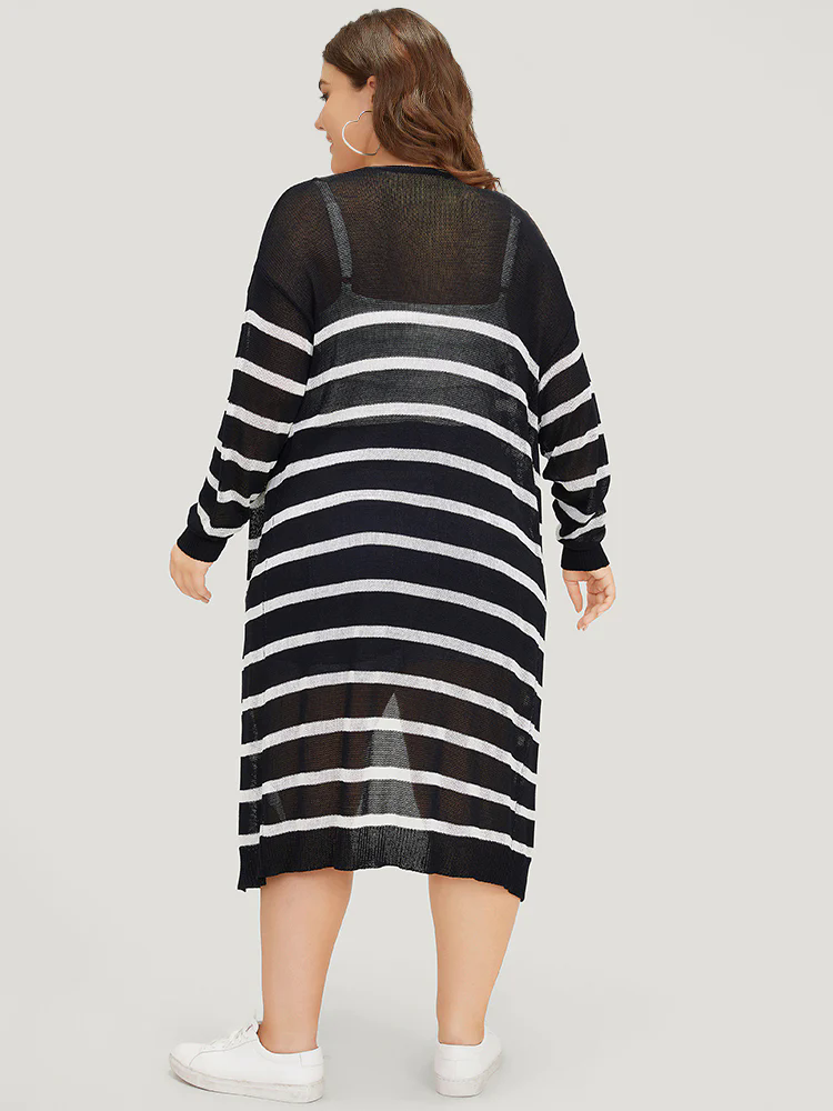 Striped Open Front Elastic Cuffs Drop Shoulder Cardigan Striped Open Front Elastic Cuffs Drop Shoulder Cardigan