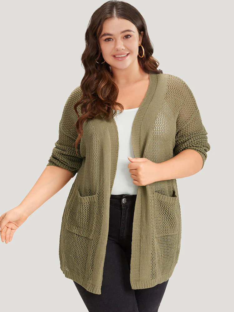 Solid Patched Pocket Open Front Patchwork Cardigan Solid Patched Pocket Open Front Patchwork Cardigan