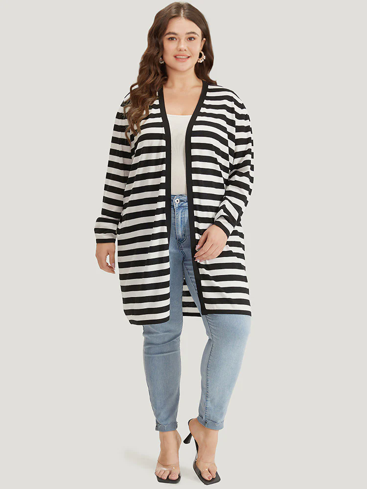 Striped Open Front Drop Shoulder Tunic Cardigan Striped Open Front Drop Shoulder Tunic Cardigan